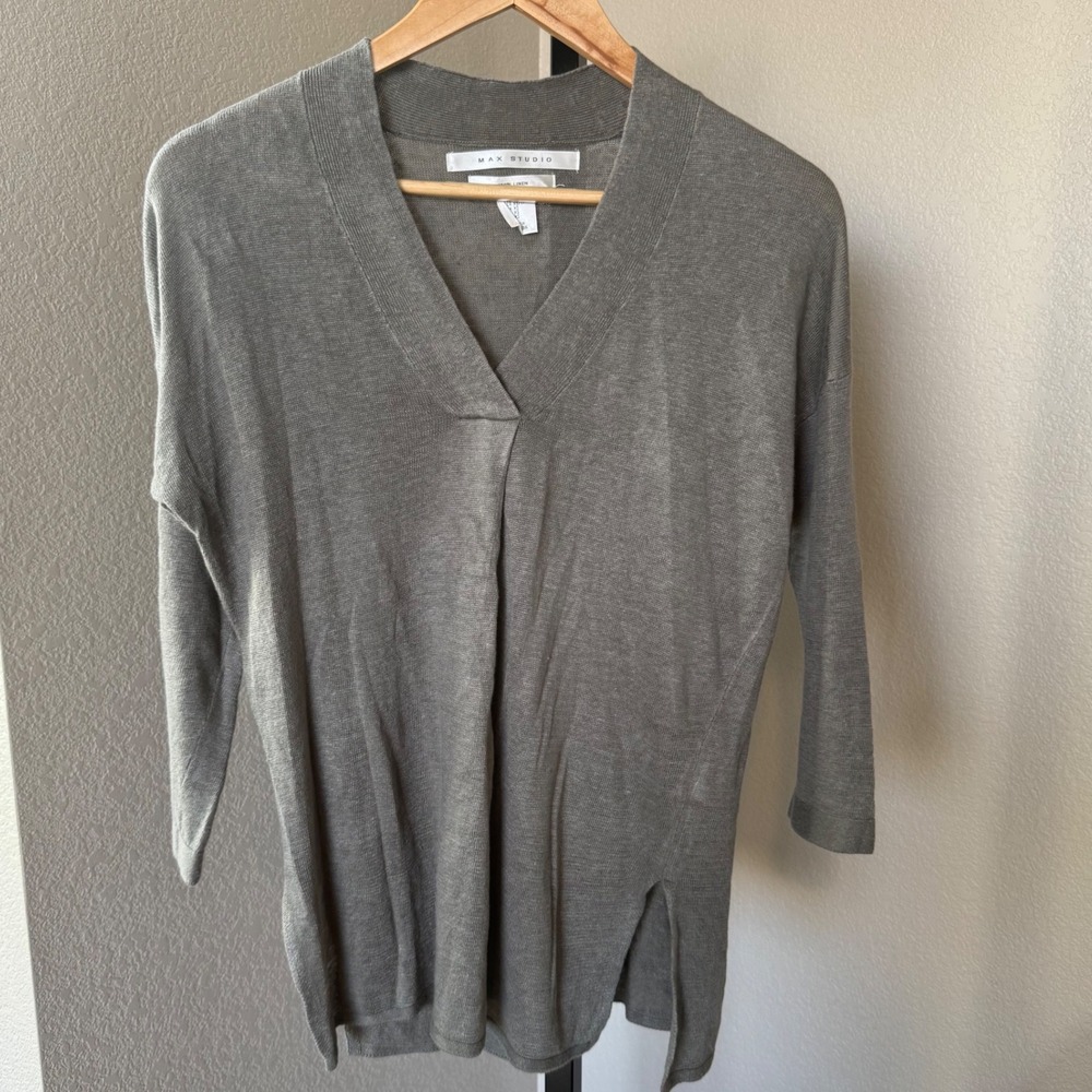 Max Studio Linen V Neck Pullover Sweater Womens XS‎ 3/4 Sleeve Olive Green
